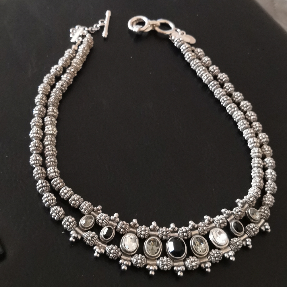 Silver Necklace with Black & Clear Rhinestones